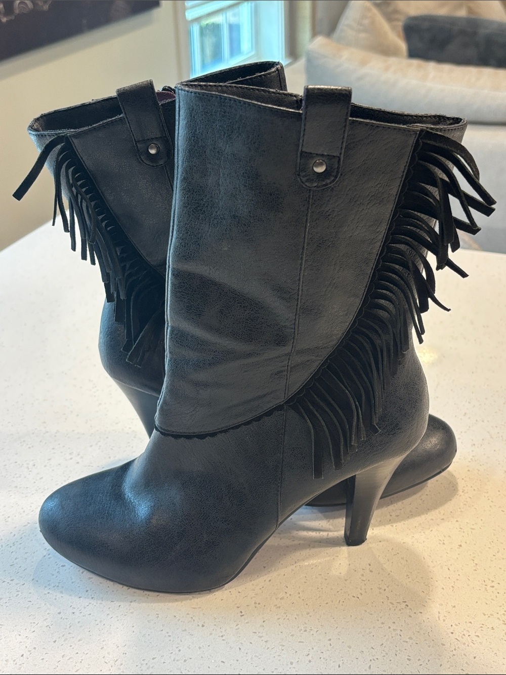 Poetic Licence "Pure and Easy" Black Leather Fringe Mid-Calf Heeled Boots 8.5-9